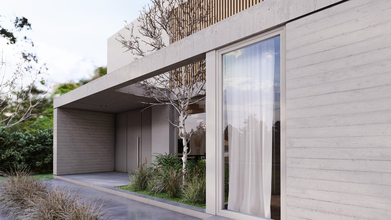 Fachada moderna de hormigón visto con amplios ventanales — proyecto Casa JB, por Hermann Arquitectos, en M775+94